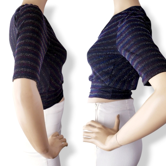 70s Retro Inspired Blue, Purple & Silver Striped Metallic Open Back Blouse - Picture 4 of 8